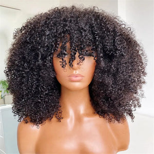 Mongolian Afro Kinky Curly Human Hair Wigs with Bangs Short