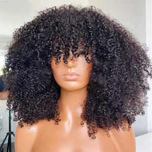 Mongolian Afro Kinky Curly Human Hair Wigs with Bangs Short