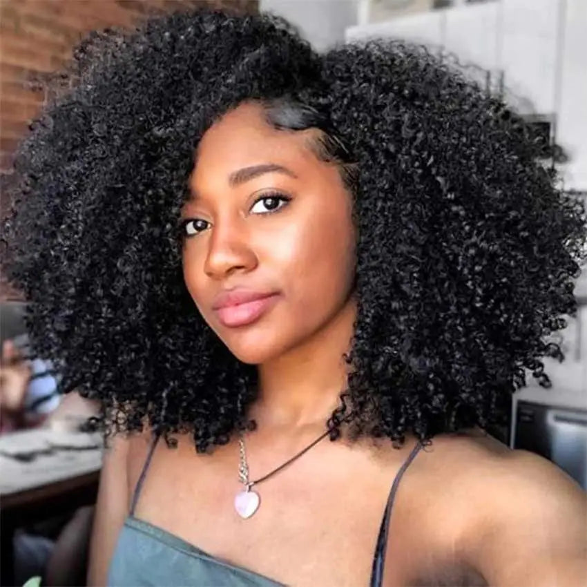 Mongolian Afro Kinky Curly Human Hair Wigs with Bangs Short