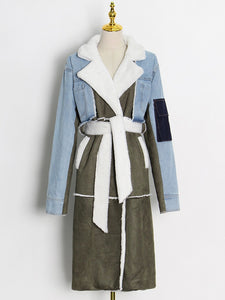 Lace Up Patchwork Denim Lambswool Jacket