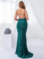 Load image into Gallery viewer, Padded V Neck Backless Stretch Sequin Mermaid Maxi Dress Split Sleeveless Open Back Dress
