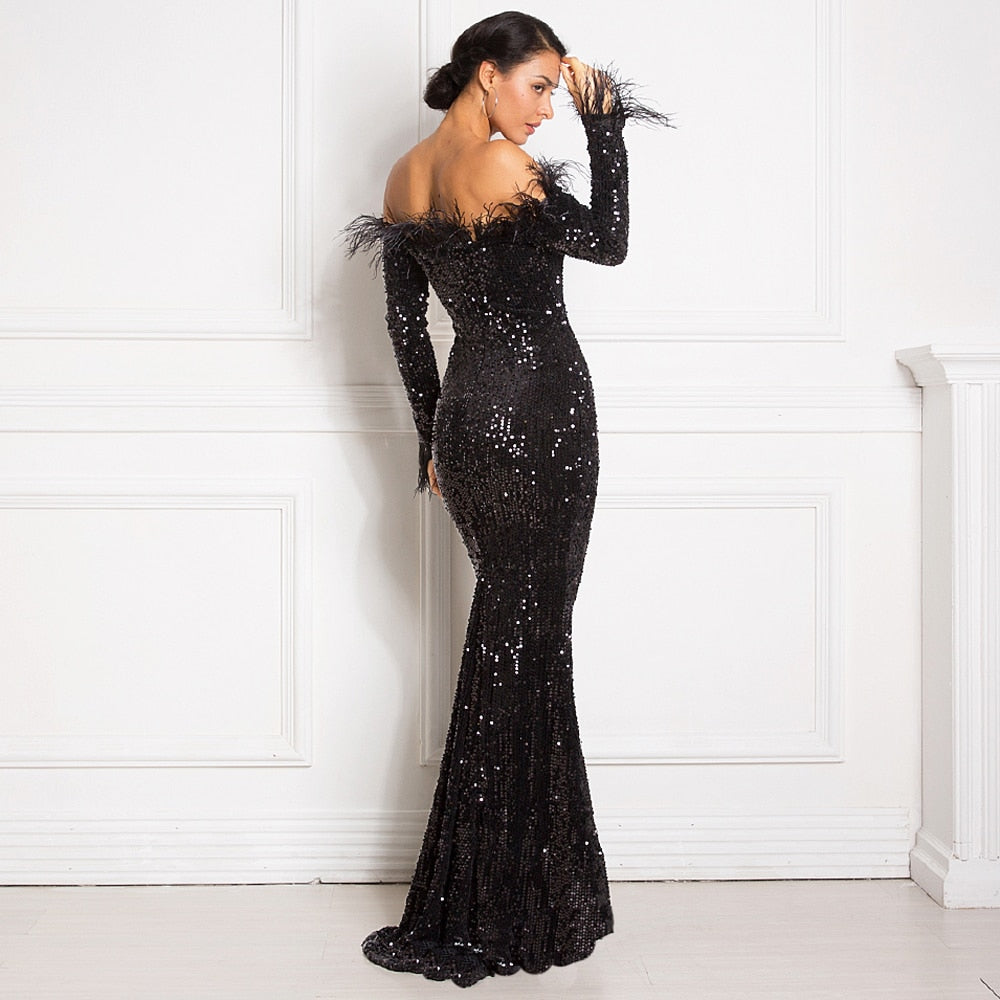 Black Shiny Sequin Feather Velvet Party Dress