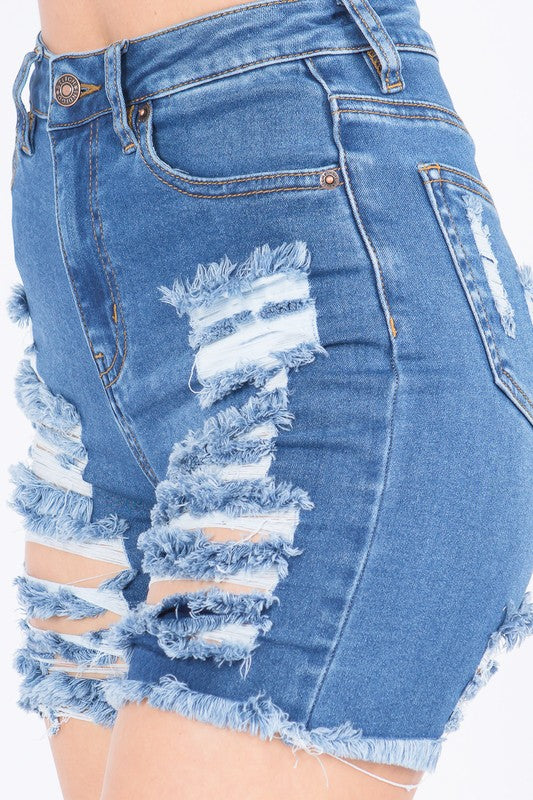 FRONT & BACK DISTRESSED DENIM SHORTS