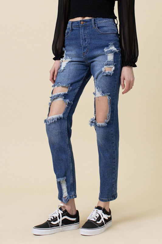 High Rise Distressed Mom Jean