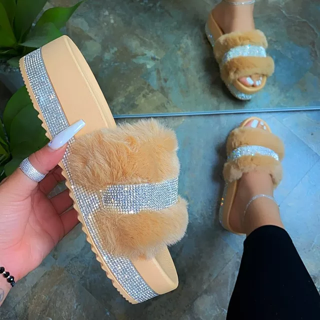 Faux Fur Slides Rhinestones