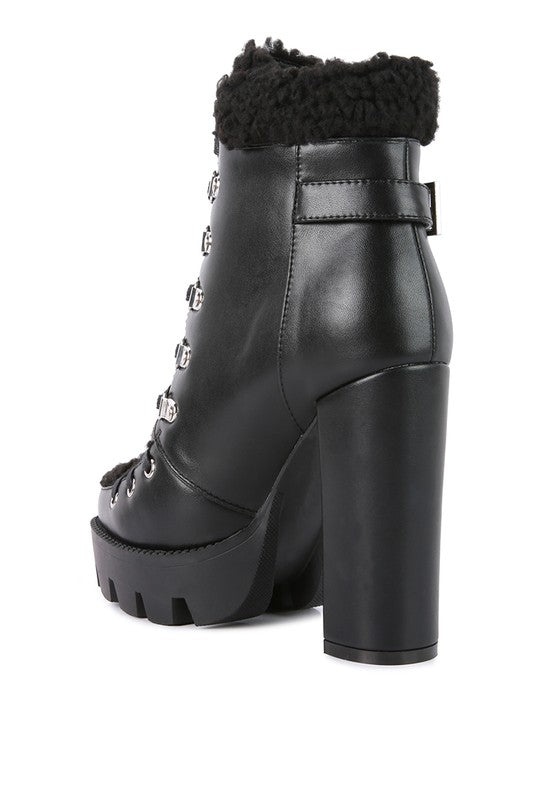 Faux Leather Fur Collared Ankle Boots