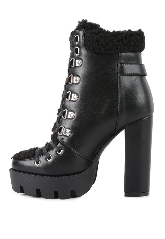 Faux Leather Fur Collared Ankle Boots