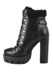 Faux Leather Fur Collared Ankle Boots