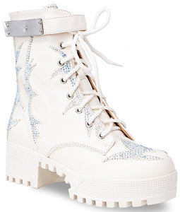 RHINESTONE LACE LUG COMBAT BOOTS