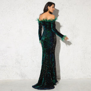 Shiny Sequin Feather Velvet Party Dress