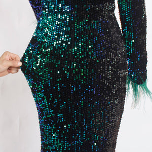 Shiny Sequin Feather Velvet Party Dress