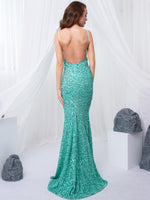 Load image into Gallery viewer, Padded V Neck Backless Stretch Sequin Mermaid Maxi Dress Split Sleeveless Open Back Dress
