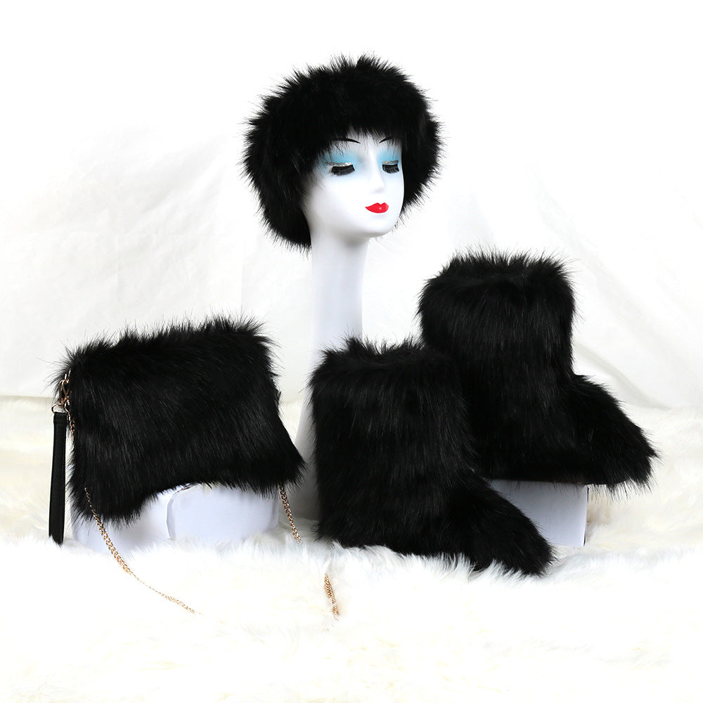 Fluffy Faux Fur Boots with Matching Color Shoulder Bag Set.