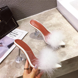 Feather Transparent High heels Faux Fur Pumps