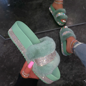 Faux Fur Slides Rhinestones