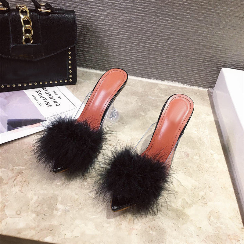 Feather Transparent High heels Faux Fur Pumps