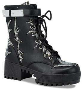 RHINESTONE LACE LUG COMBAT BOOTS