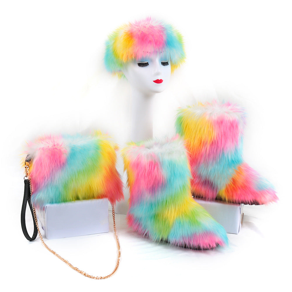 Fluffy Faux Fur Boots with Matching Color Shoulder Bag Set.