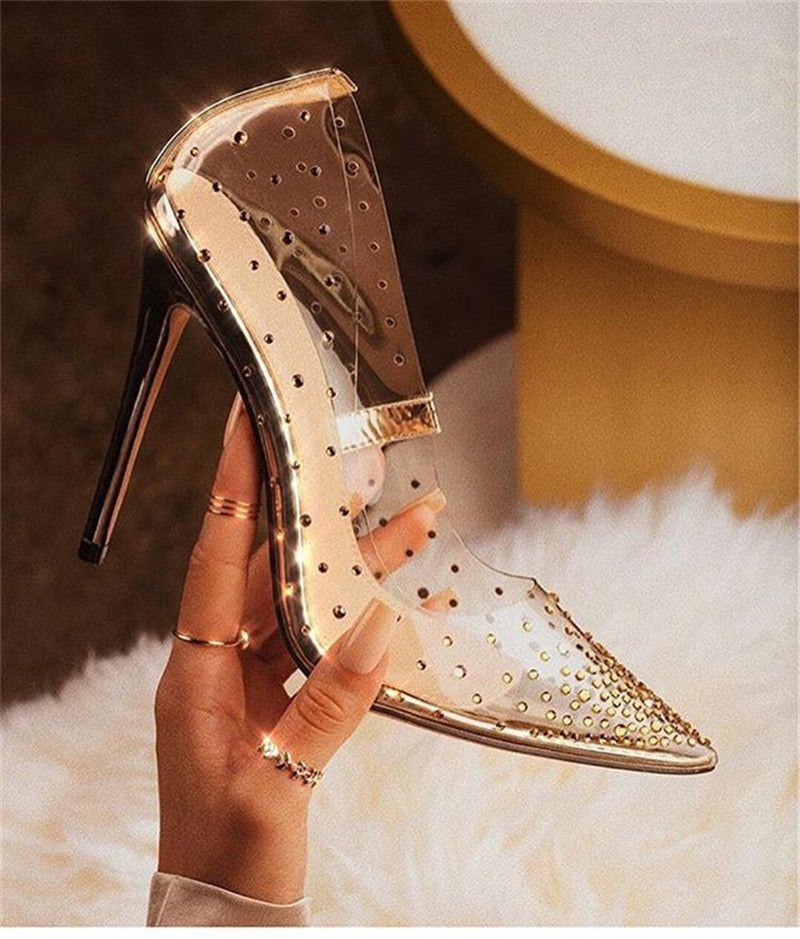 Golden Rhinestone PVC transparent Women Pumps Shoes