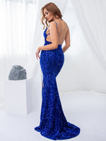 Load image into Gallery viewer, Padded V Neck Backless Stretch Sequin Mermaid Maxi Dress Split Sleeveless Open Back Dress
