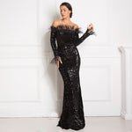 Load image into Gallery viewer, Black Shiny Sequin Feather Velvet Party Dress
