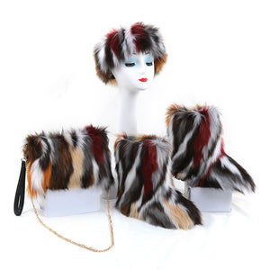 Fluffy Faux Fur Boots with Matching Color Shoulder Bag Set.