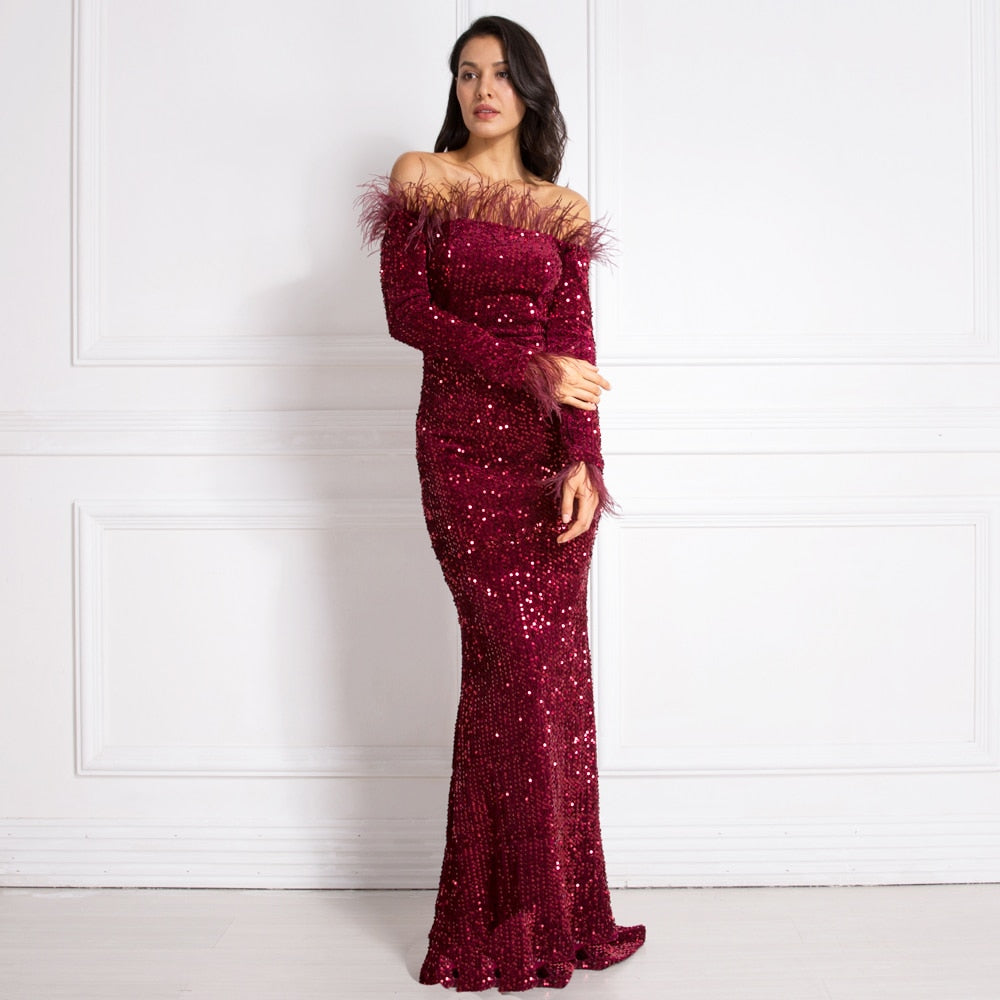 Burgundy Shiny Sequin Feather Velvet Party Dress