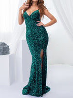 Load image into Gallery viewer, Padded V Neck Backless Stretch Sequin Mermaid Maxi Dress Split Sleeveless Open Back Dress
