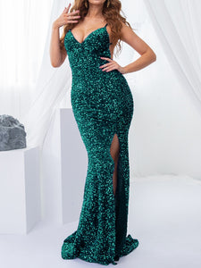 Padded V Neck Backless Stretch Sequin Mermaid Maxi Dress Split Sleeveless Open Back Dress