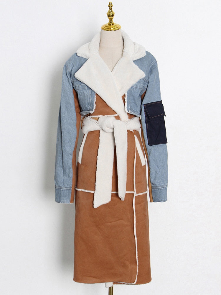 Lace Up Patchwork Denim Lambswool Jacket