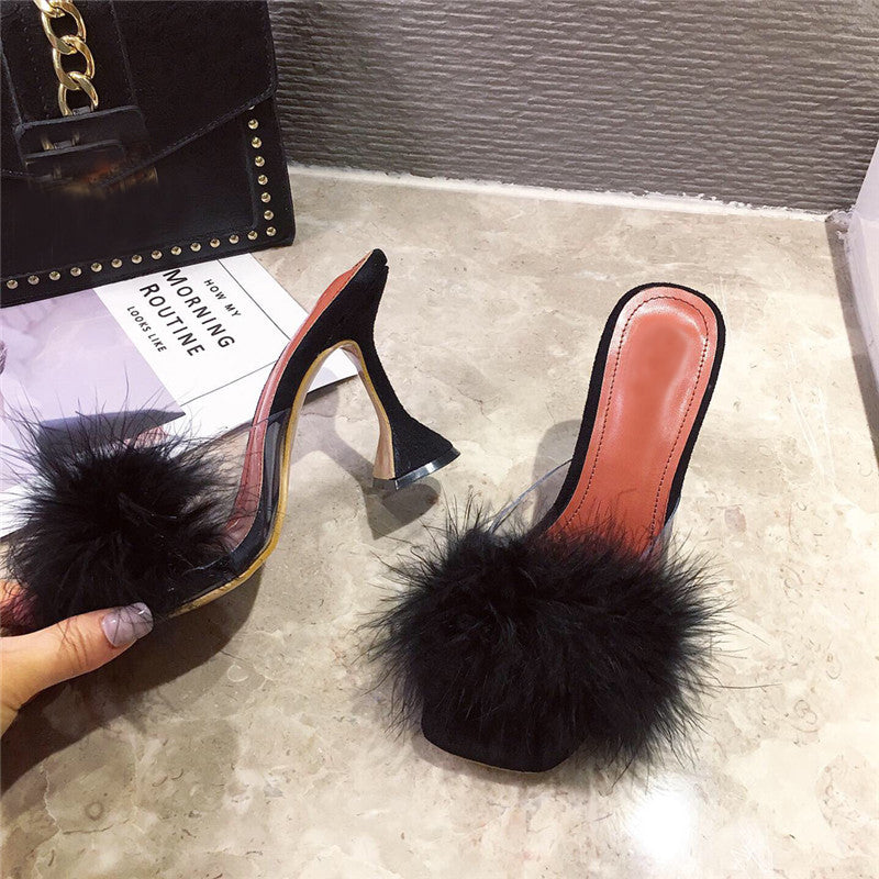 Feather Transparent High heels Faux Fur Pumps