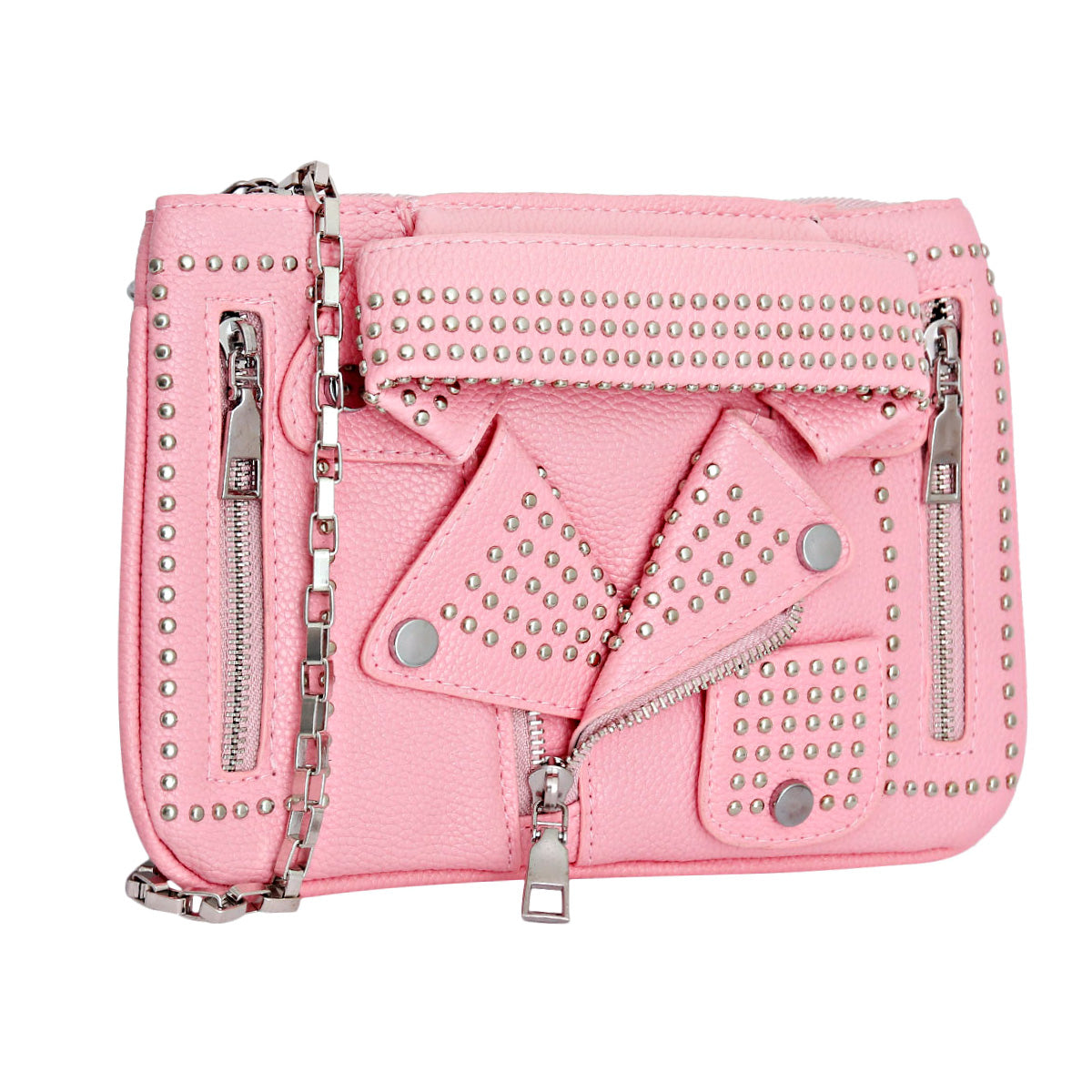 Pink Stud Moto Crossbody Clutch