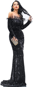 Black Shiny Sequin Feather Velvet Party Dress