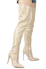 Load image into Gallery viewer, PATENT THIGH HIGH POINTY TOE HEELED BOOTS
