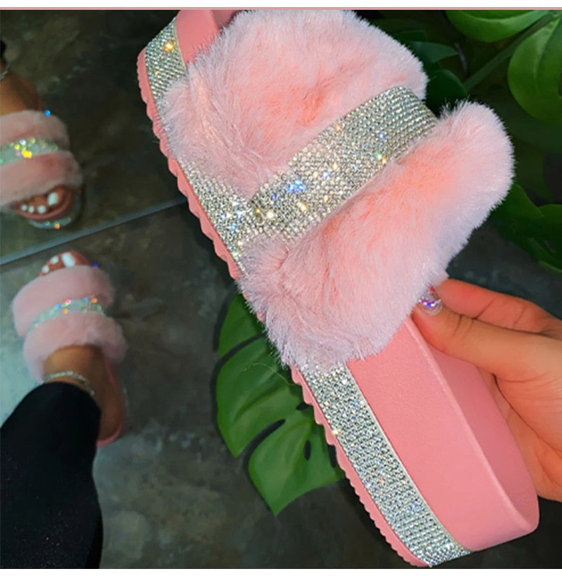 Fur Slides Rhinestones