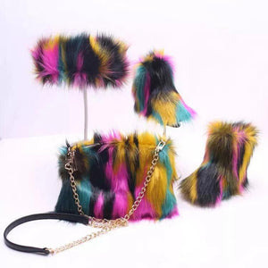 Fluffy Faux Fur Boots with Matching Color Shoulder Bag Set.