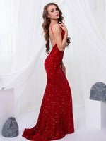 Load image into Gallery viewer, Padded V Neck Backless Stretch Sequin Mermaid Maxi Dress Split Sleeveless Open Back Dress
