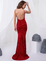 Load image into Gallery viewer, Padded V Neck Backless Stretch Sequin Mermaid Maxi Dress Split Sleeveless Open Back Dress
