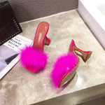 Load image into Gallery viewer, Feather Transparent High heelsFaux Fur Slippers
