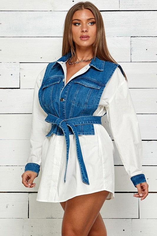 DENIM VEST SHIRT MINI DRESS LONG SLEEVE