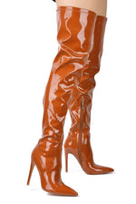 Load image into Gallery viewer, PATENT THIGH HIGH POINTY TOE HEELED BOOTS
