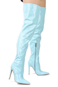 PATENT THIGH HIGH POINTY TOE HEELED BOOTS