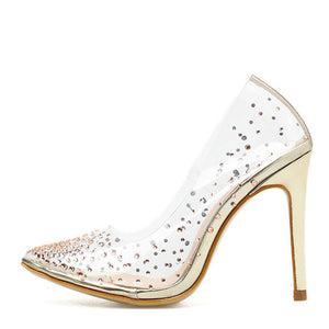 Golden Rhinestone PVC transparent Women Pumps Shoes