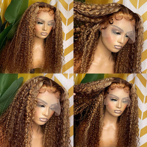 Highlight Honey Brown Curly Lace Front Human Hair Wigs