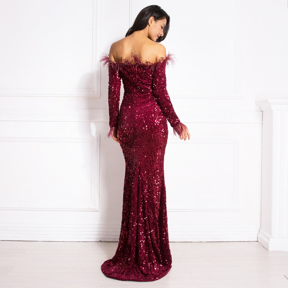 Burgundy Shiny Sequin Feather Velvet Party Dress