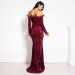 Load image into Gallery viewer, Burgundy Shiny Sequin Feather Velvet Party Dress
