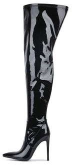 Load image into Gallery viewer, PATENT THIGH HIGH POINTY TOE HEELED BOOTS
