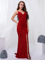 Load image into Gallery viewer, Padded V Neck Backless Stretch Sequin Mermaid Maxi Dress Split Sleeveless Open Back Dress
