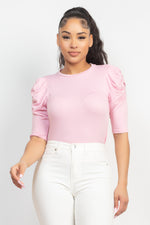 Load image into Gallery viewer, Round Neck Puff Ruched Sleeve Top
