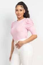 Load image into Gallery viewer, Round Neck Puff Ruched Sleeve Top
